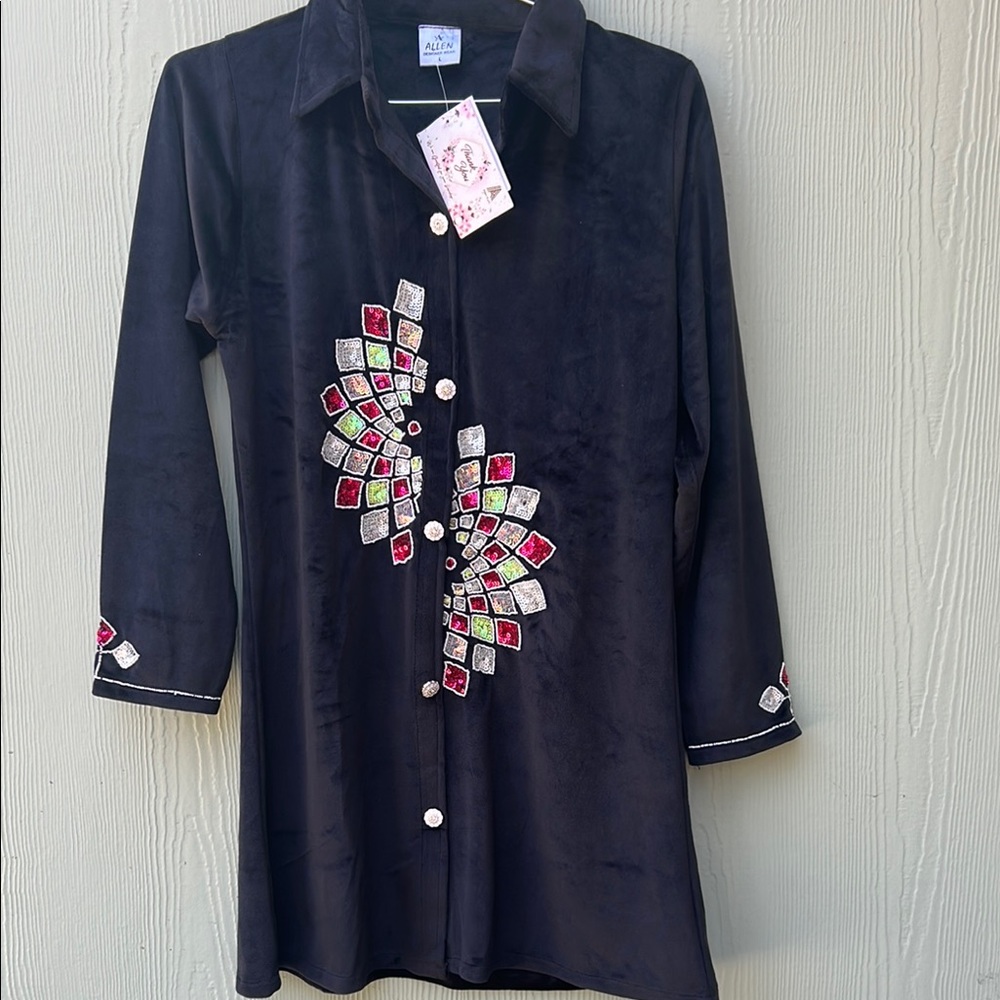 Allen designer wear Black and Red 3/4 Sleeve Notched Collar Dress size Large
